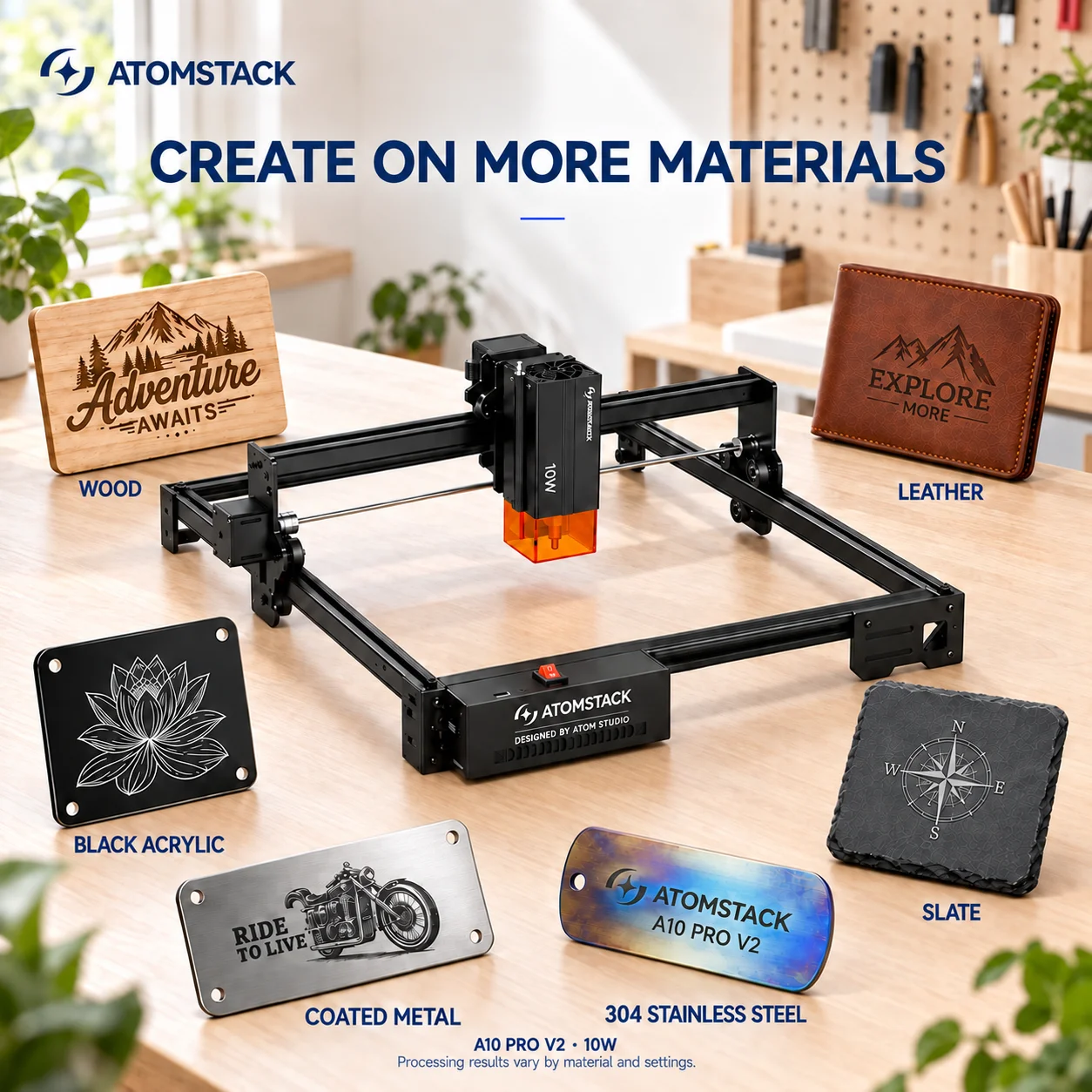 ATOMSTACK A10 PRO V2, máquina de grabado y corte láser de 10 W, área de trabajo de 410 x 380 mm, precisión de 0,01 mm, máquina CNC con conexión USB para madera, acrílico, cuero, proyectos de bricolaje y manualidades en casa.