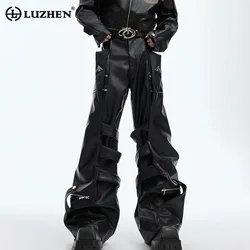 LUZHEN Multi Zipper Leather Pants Handsome Trendy Splicing Pockets Punk High Quality Street Design Men's Straight Pants LZ5832