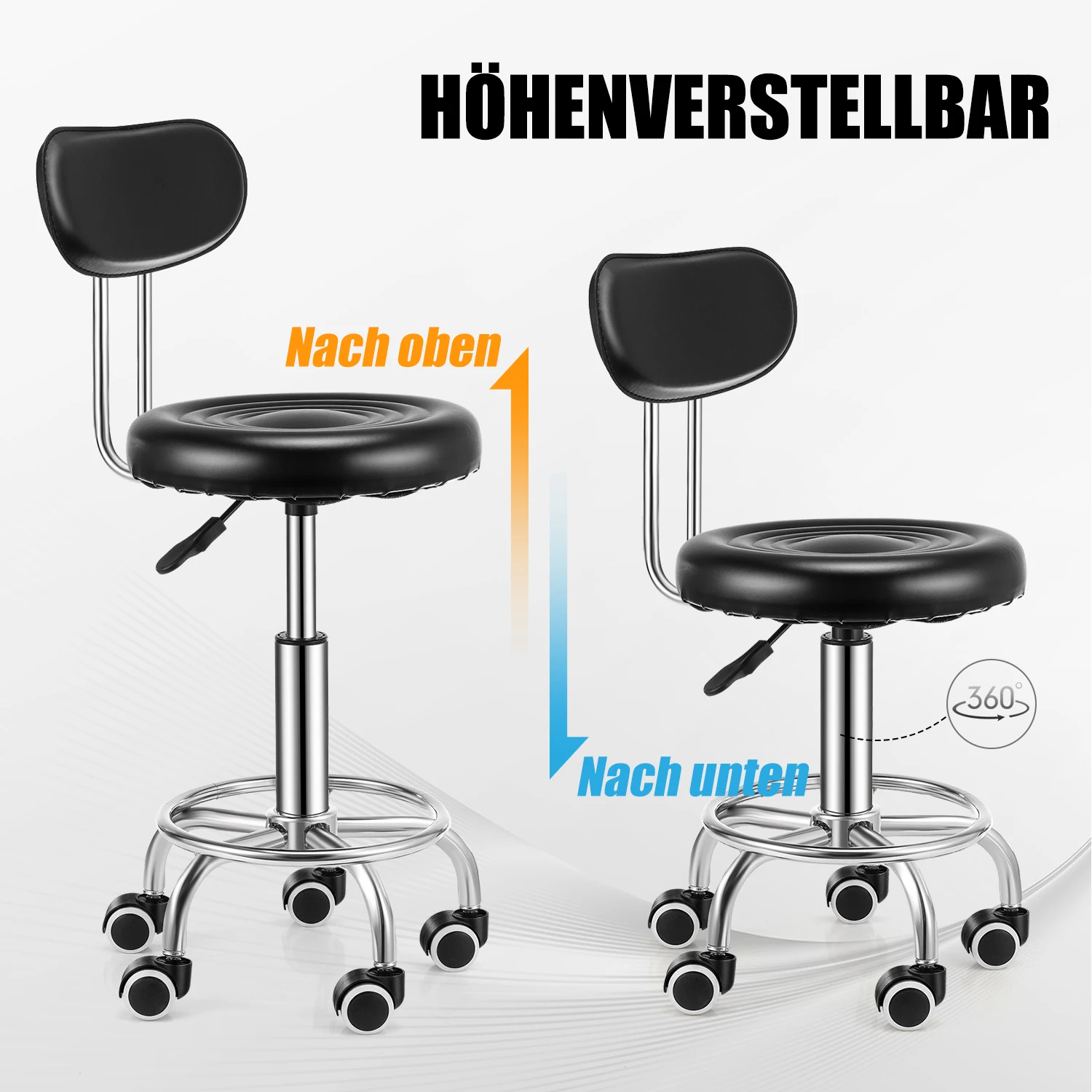 PU Leather Modern Rolling Stool with Low Back Height Adjustable Work Salon Drafting Swivel Task Chair with Footrest (Black)