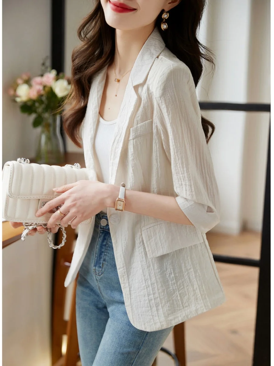 

Summer Casual Mid-Sve Sunscreen Outerwear Women's Suit Top Outlet Brand Lightweight Polyester Fiber Long Ne Design