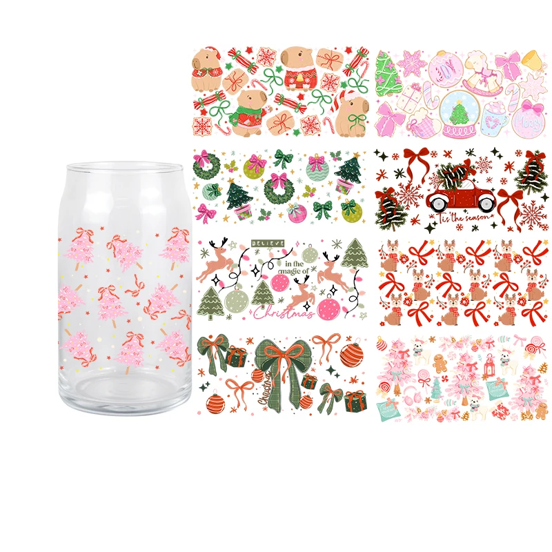 UV DTF Transfer Sticker Christmas Cup Wrap Decal 16OZ Libbey Glass Cup Cartoon Xmas Gingerbread Snowflake Bowknot Waterproof Per
