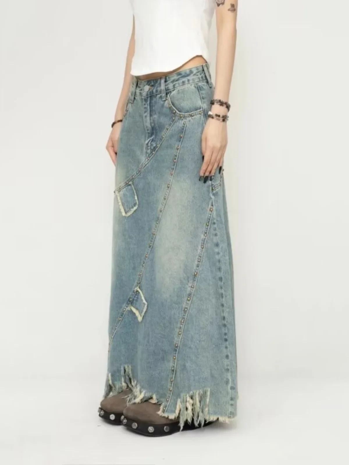 

Women Denim Skirt Y2k Emo 2000s Clothes Long Skirt Harajuku Korean 90s Fashion Vintage Gradient A-line Jean Skirt Grunge Clothes