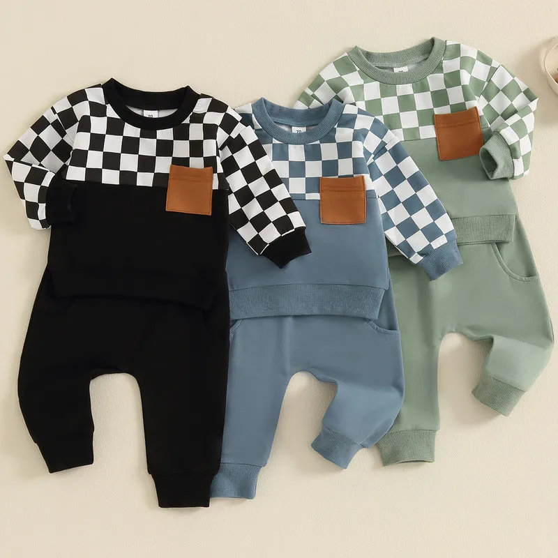 

Toddler Baby Boy Pant Sets Fall Clothes Checkerboard Long Sleeve Pocket Sweatshirt with Solid Color Pants 2Pcs Outfits