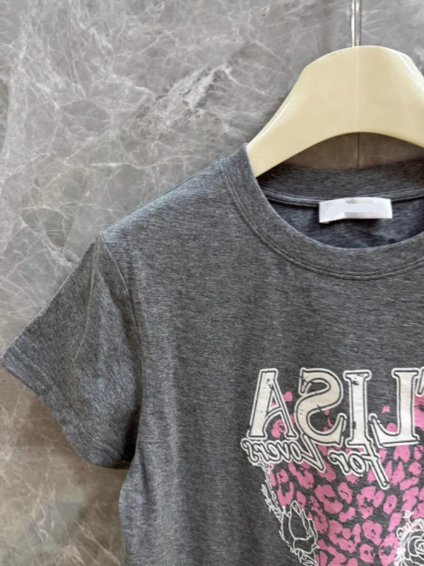 ay Rose Print Letter Kasual ort Sve T-irt Wanita Faion Ele Sle Commute Sle round Ne ort Length