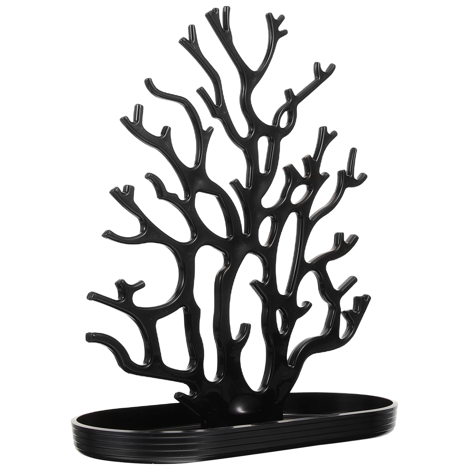 

Coral Shape Jewelry Display Stand Plastic Organizer Desktop Earrings Necklaces Rings Holder Black Vertical Design Easy Access