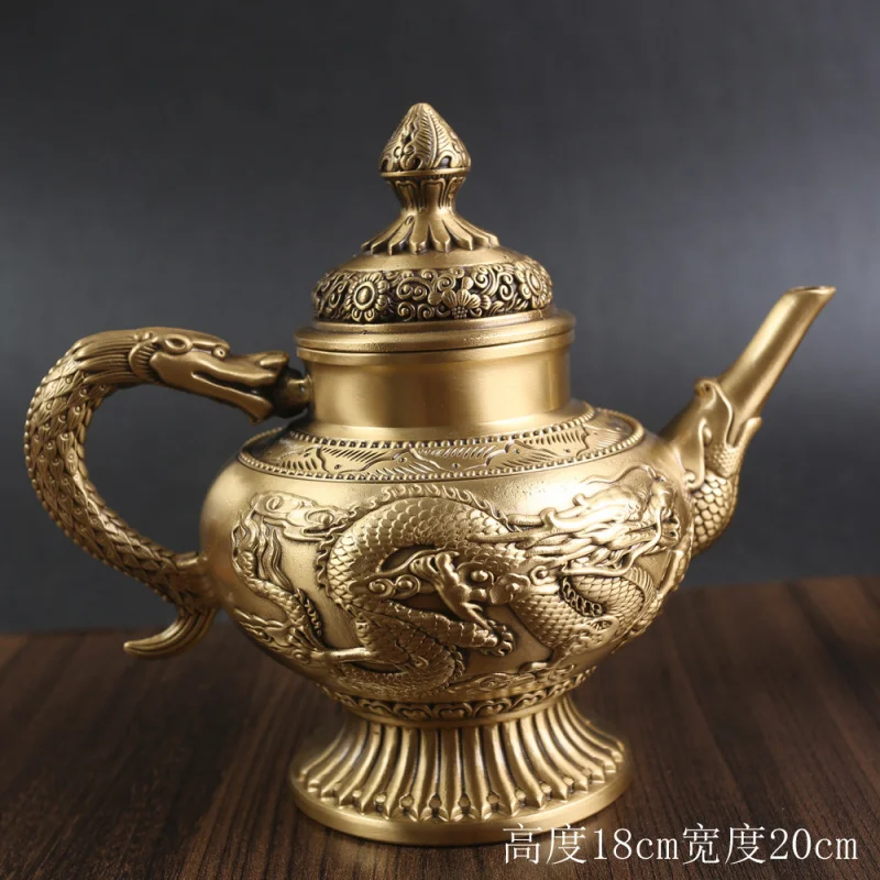 Brass Dragon and Phoenix Teapot Home Craft Metal Ornament Office Desktop Pure Copper Wine Pot Retro Copperware