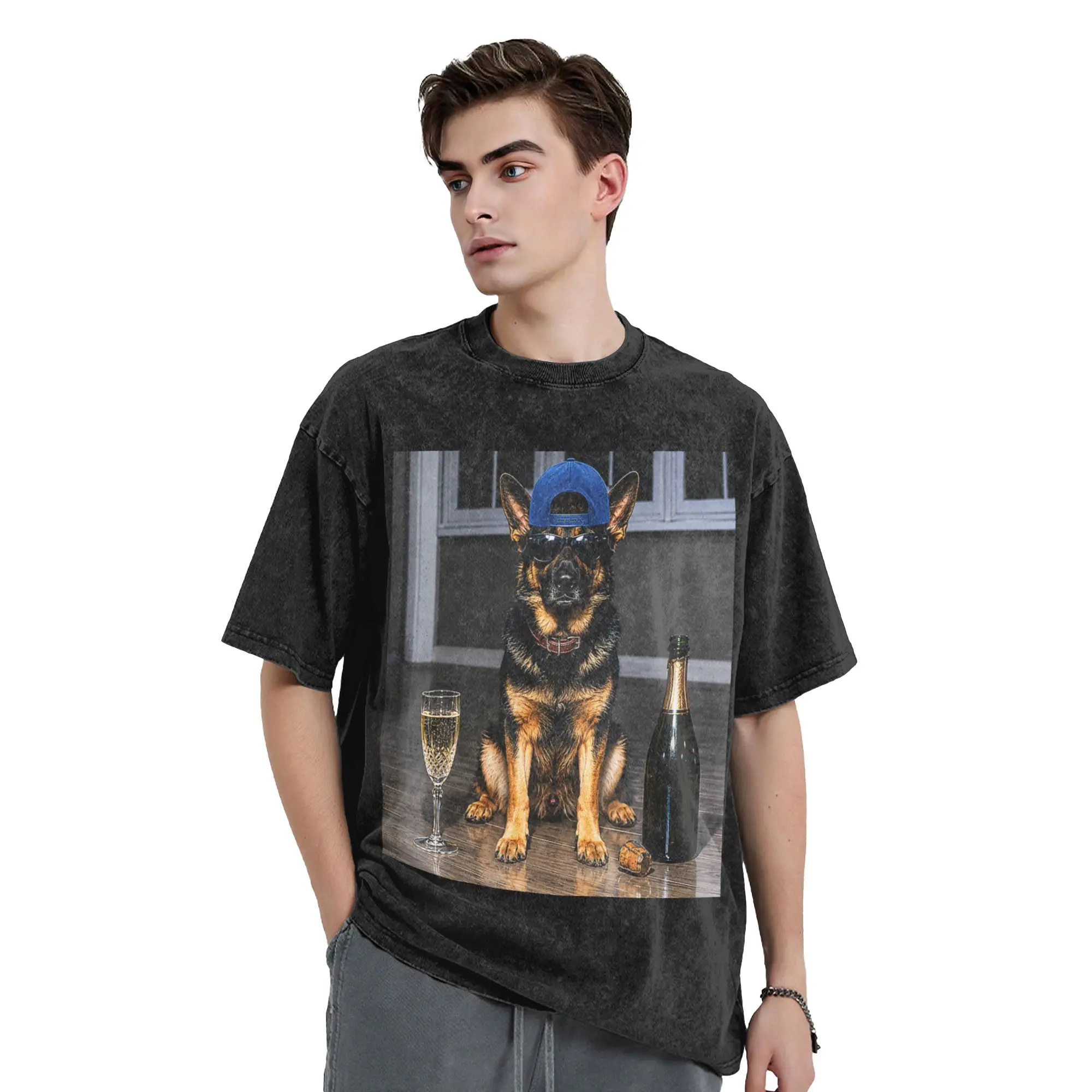 German Shepherd Drinking Champagne Washed T Shirt Streetwear  Vintage T-Shirts Funny Dog Meme Tees for Men Women Short Sleeve