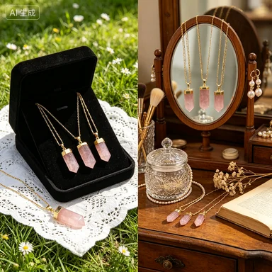 WT-N1144 WKT Natural Pink Stone Sweet Romantic Geometric Element Crystal Column 18 Inch Metal Necklace Women Pendant