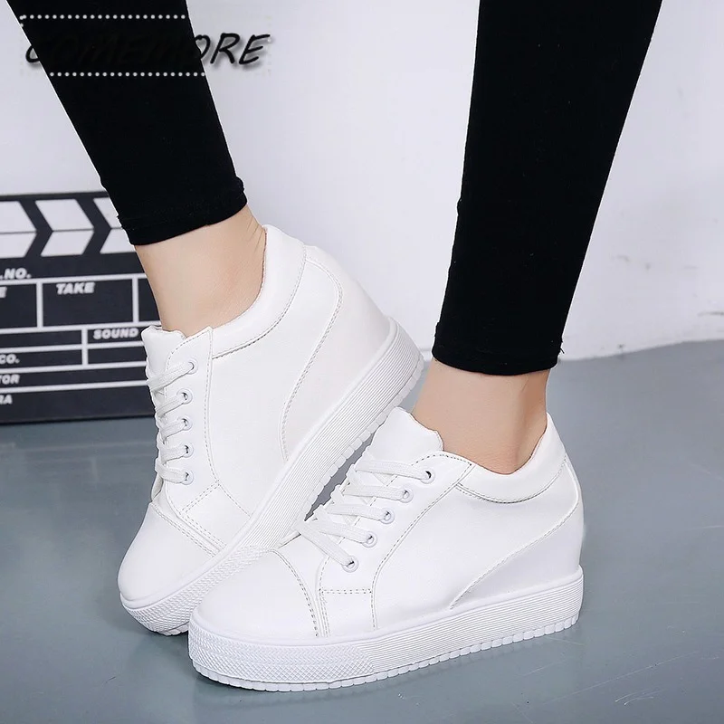 Black White Hidden Wedge Heel Casual Shoes Platform Summer Autumn Women\'s New High Heel Shoes Sneakers Female Tennis Lace-up PU