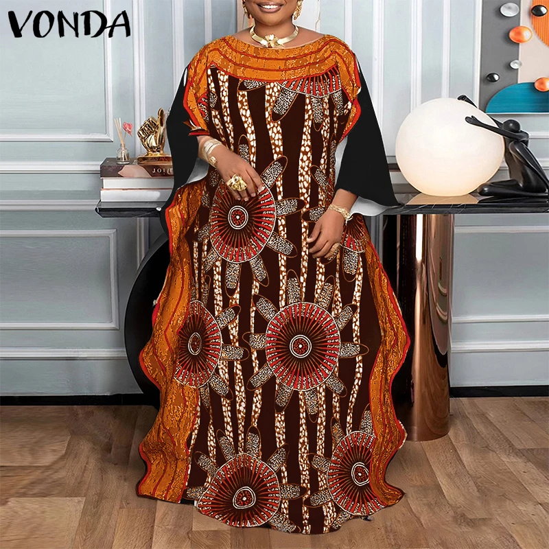 Plus Size 5XL VONDA 2026 Bohemian Long Dress Women Autumn Printed Maxi Sundress Flare Sleeve Ruffled Loose Casual Party Vestidos