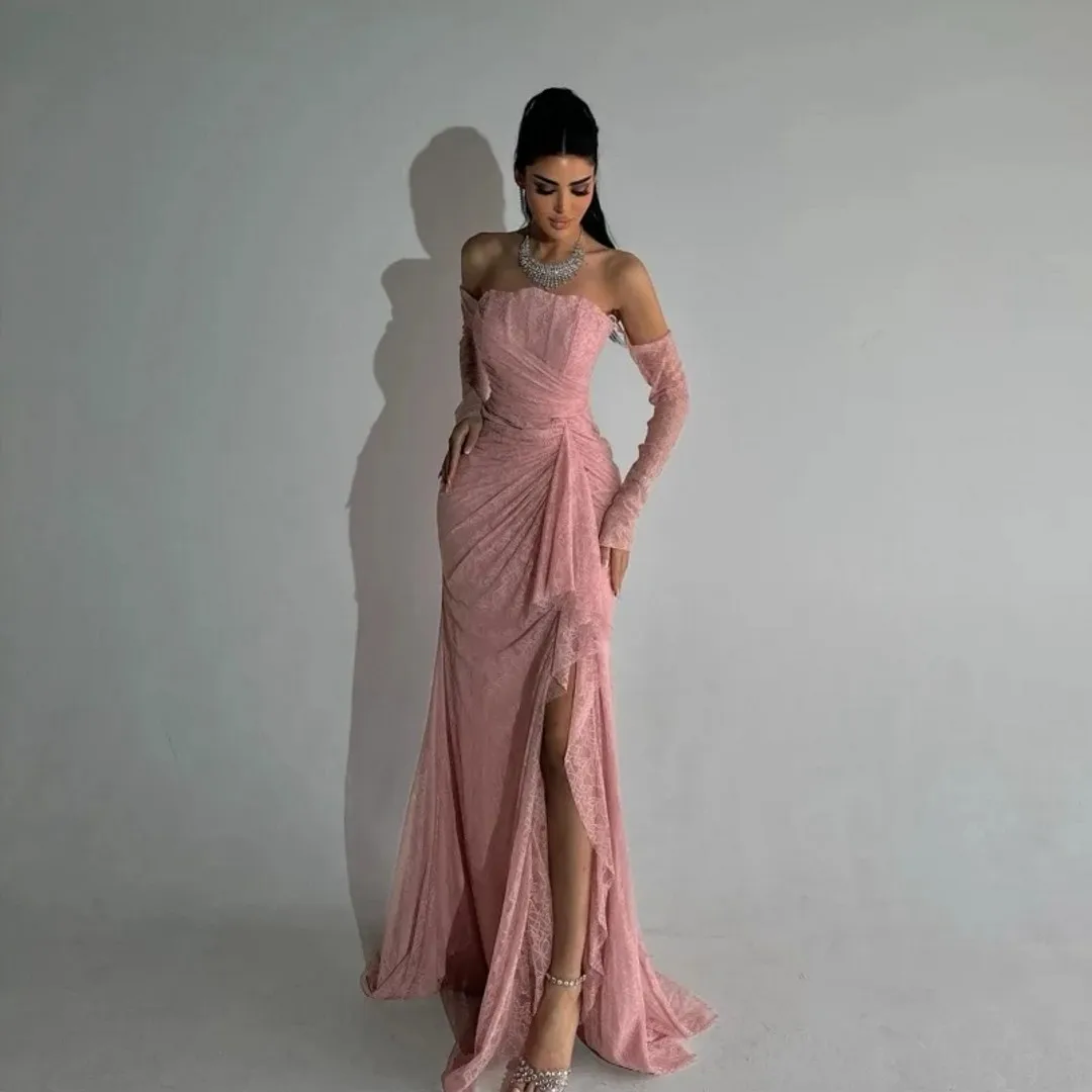 Classic Pink Lace Formal Evening Dress Strapless Pleats Side Slit Long Mermaid Prom Pageant Party Gowns Robe De Soiree Gala