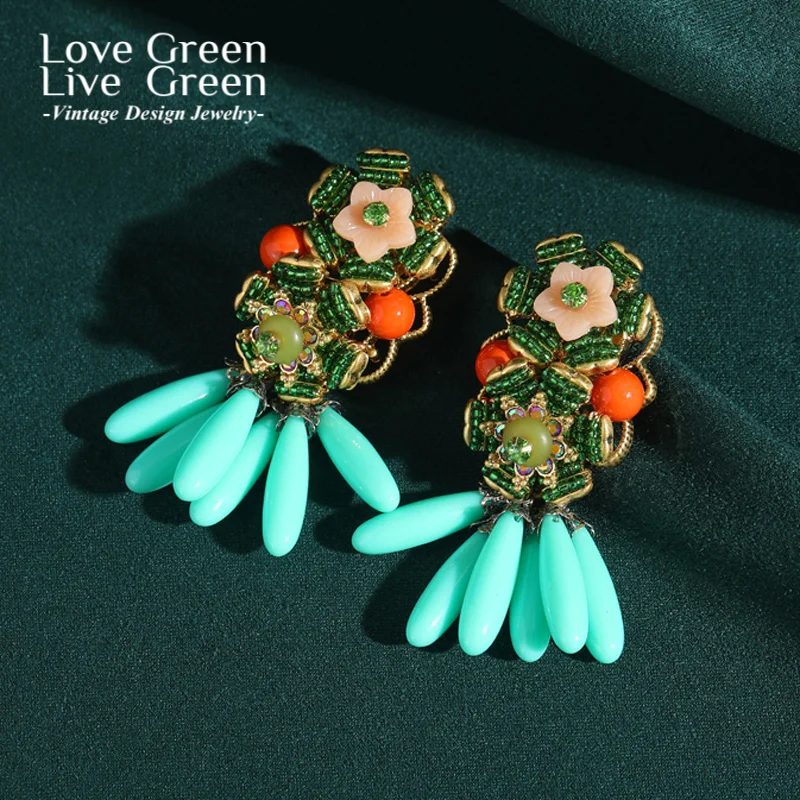 

Vintage Blue Glaze Petal Flower Large Earrings Dangle Drop Stone Luxury Jewelry Designer Fashion For Women Thanksgiving 2025 New