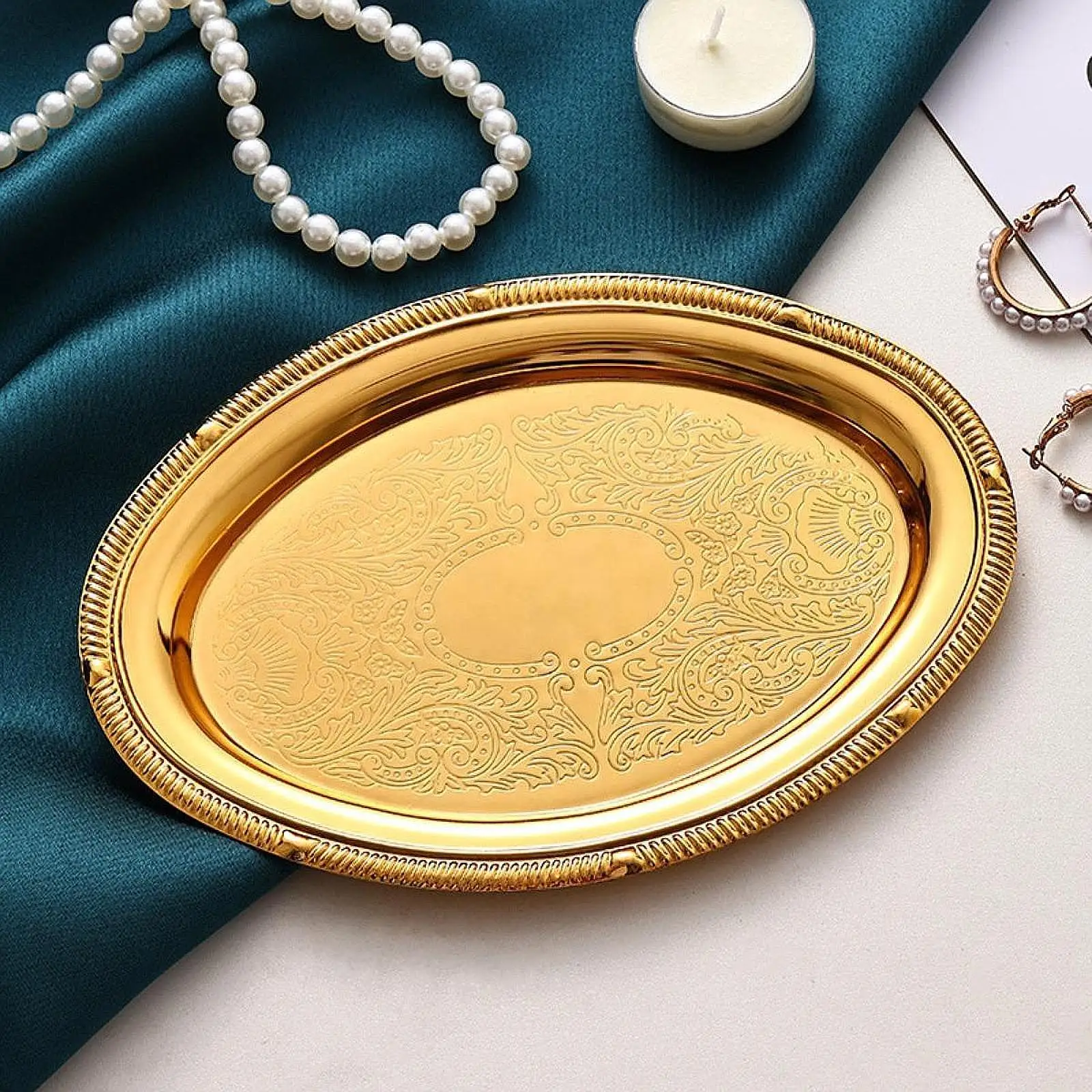 

Metal Decorative Serving Tray European Style Jewelry Display Tray Candle Holder for Countertop Party Restaurant Bathroom Vanity