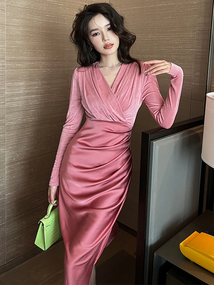 

French Spring Autumn Satin Fashion Women Evening Dress Chic Sexy V-Neck Folds Midi Party Prom Robe Femme Mujer Vestidos Fiesta