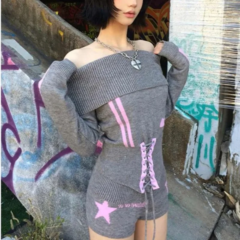 2025 Autumn New Off-shoulder Patchwork Lace-up Sexy Long Sleeve Sweater Women + High Waist Slim Knitted Shorts Two-piece Suit