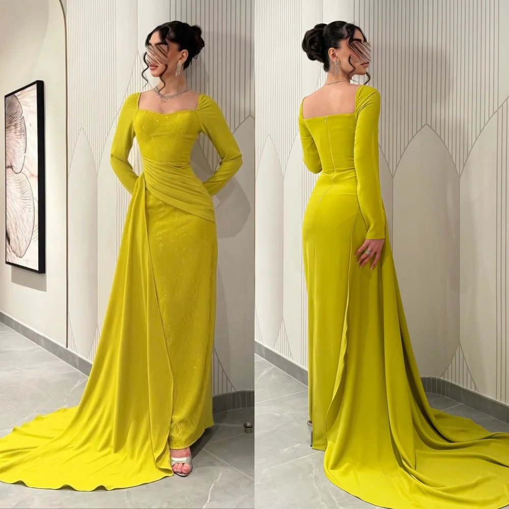 

Customized Pleat Square Neck Long Dresses Bespoke Occasion High Quality Evening Dress Woman Elegant Party Wedding Guest