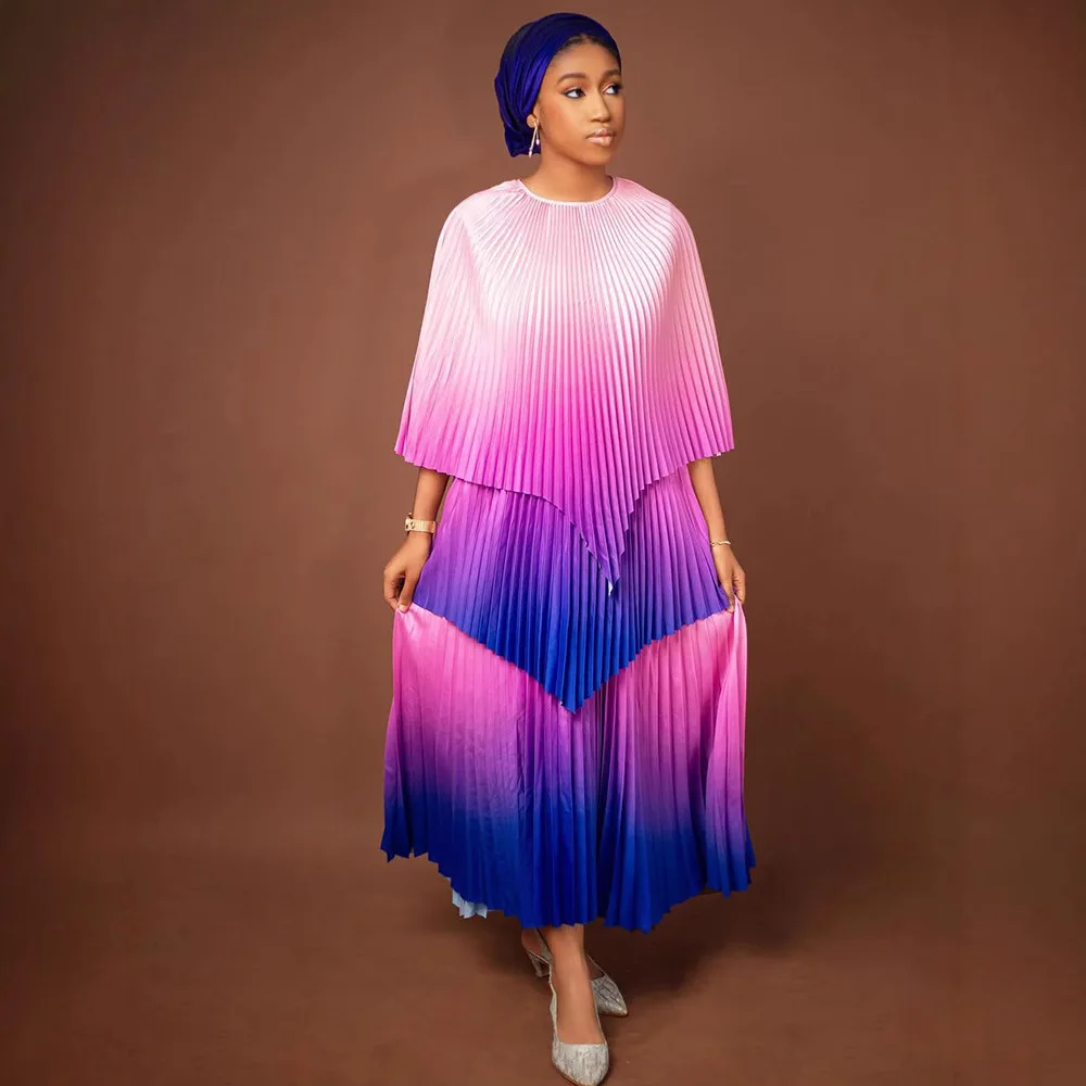 Women Print Gradient Long Skirt Sets Loose Pleated Two Piece Set Round Neck Cape Tops Skirts A Line Folds Bohemian Summer