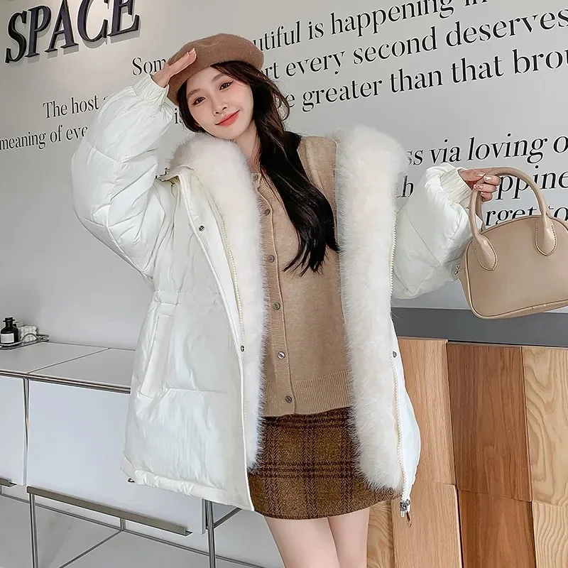 

Fashion Rabbit Fur Collar Hooded Cotton Jacket For Women New With Plush and Thicken Hooded Winter Coat Female Warm Parka Coats
