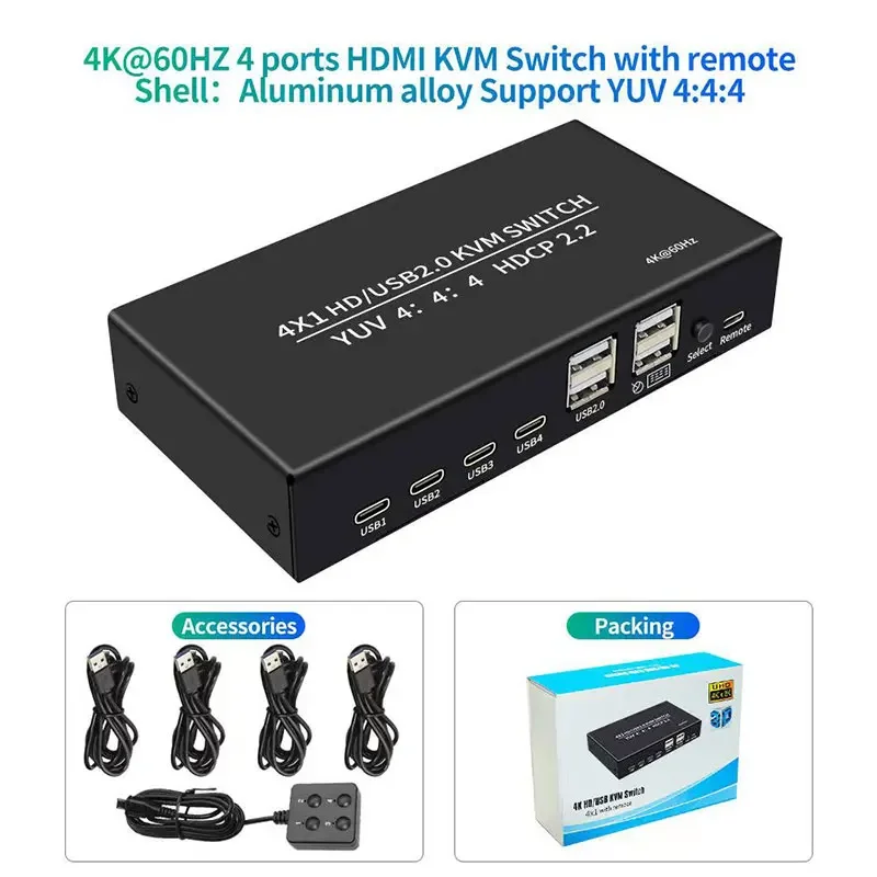 4K 60Hz KVM  4 in 1 out  Switch HDMI-compatible Switcher USB HDCP2.2 Selector 4X1 for 4 PC Share Monitor Mouse Keyboard 4-Port