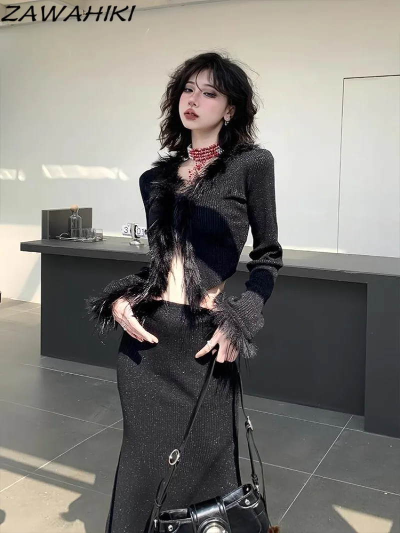 

Cardigan Crop Top Faux Fur Patchwork V-neck Solid Color Casual Fashion Slim Long Sleeve Y2K Aesthetic Knitted Kpop Vintage