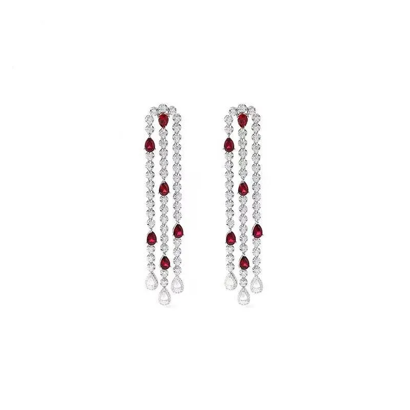 ZOCA 925 Sterling Silver Red Clear CZ Long Tassel Link Earrings Drop Dangle Ear Earring for Women Wedding Party Gift Jewelry