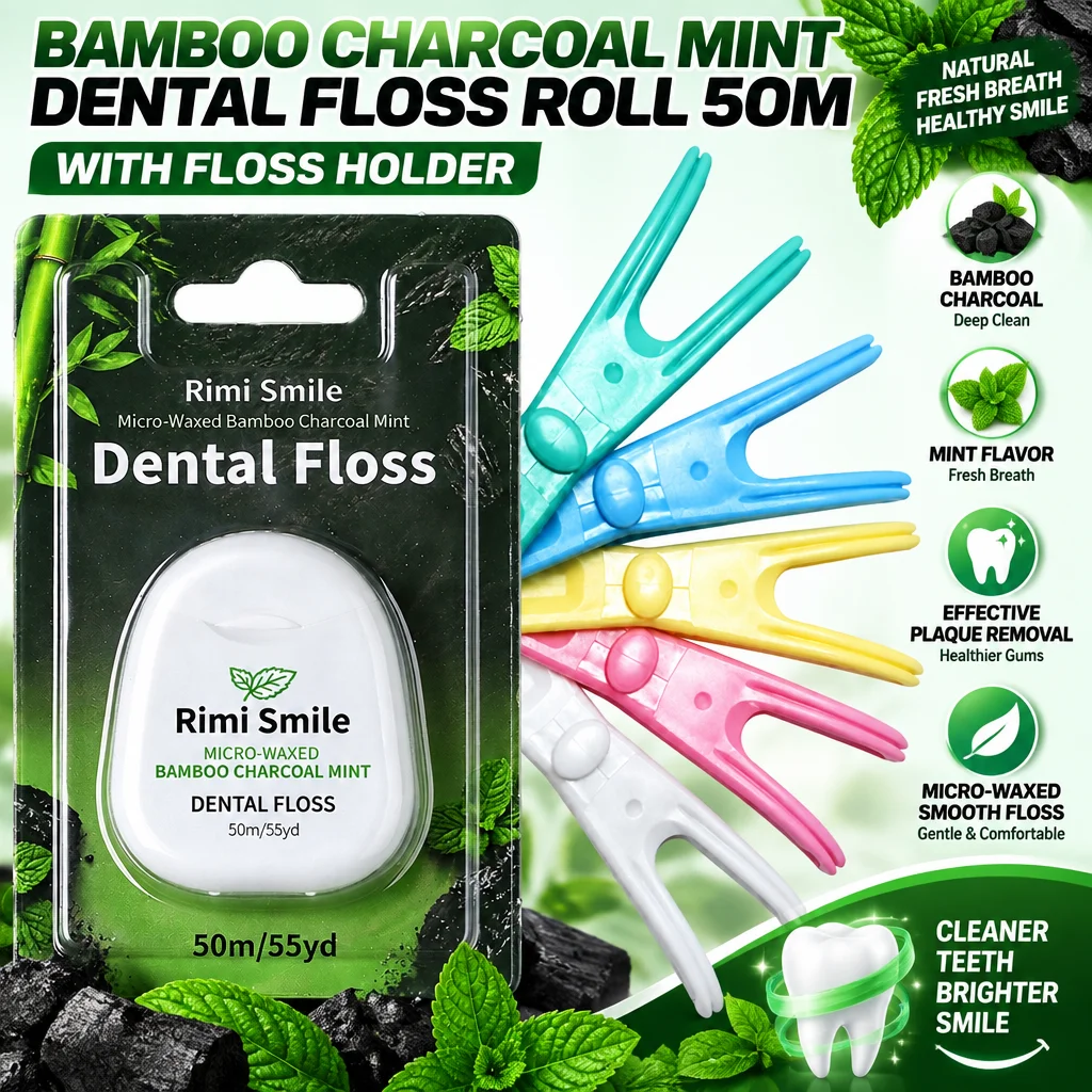 5-Color Floss Holder with 50m Charcoal Mint Dental Floss Refill, Reusable Dental Floss Dispenser, Portable Oral Care Tool