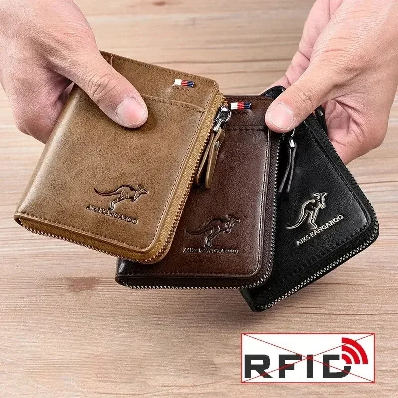 Cartera para hombre, tarjetero de cuero, monedero con cremallera, carteras de lujo para hombre, monederos con protección RFID, cartera Masculina de lujo