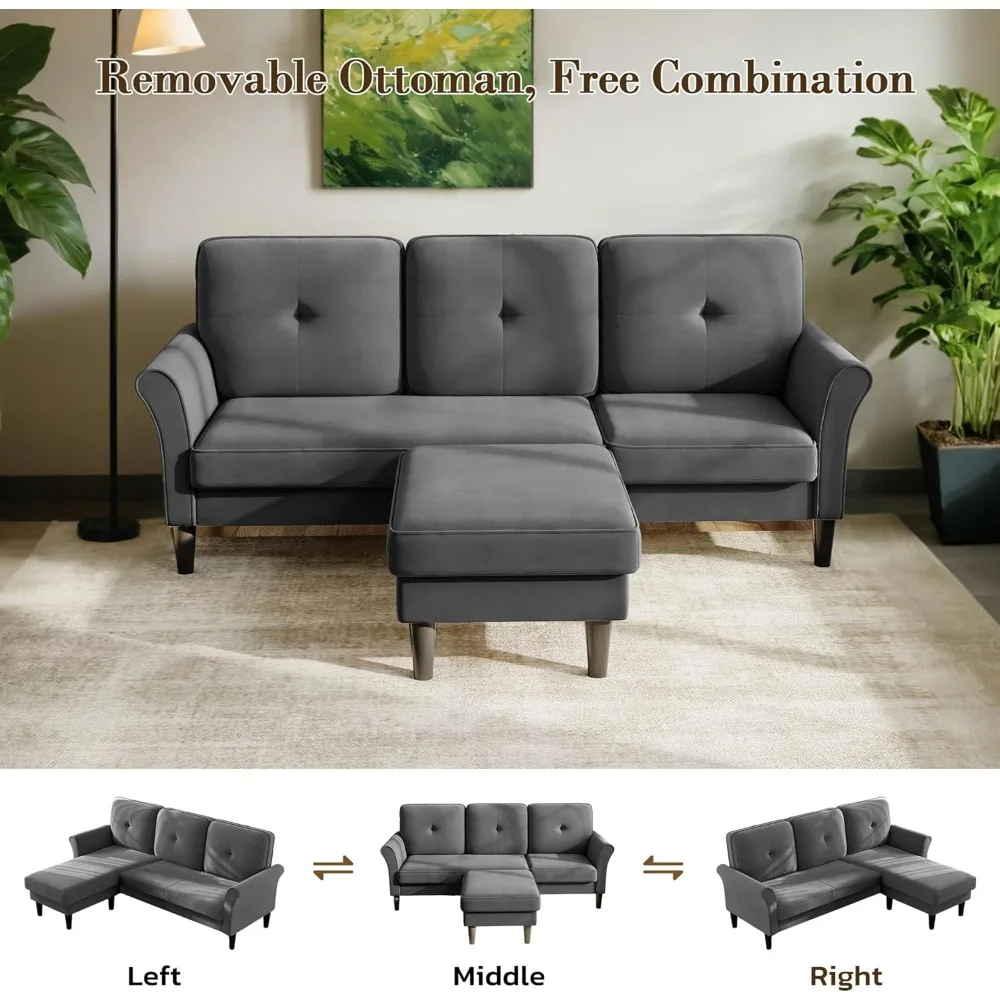 أريكة مخملية حديثة على شكل حرف L مع مسند لغرف المعيشة الصغيرة