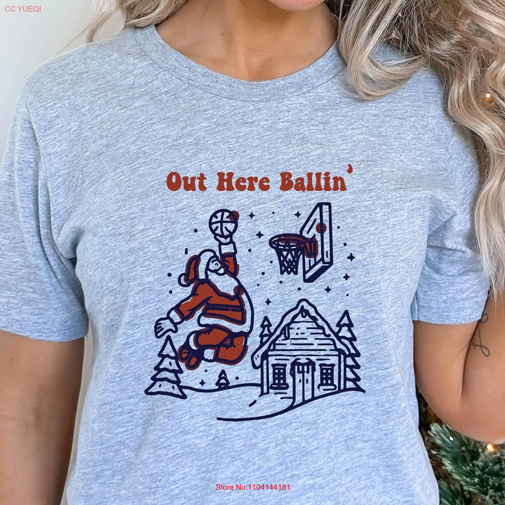 Funny Christmas Design T Shirt Santa Holiday Out Here Ballin Merry Play Basketball long or short sleeves