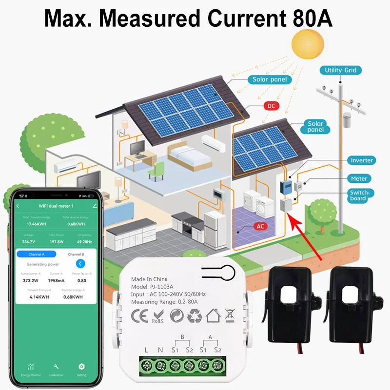 Medidor de energia inteligente Tuya WiFi bidirecional de 2 vias com braçadeira 80A, 120A, monitor de aplicativo energia solar produzida e consumida