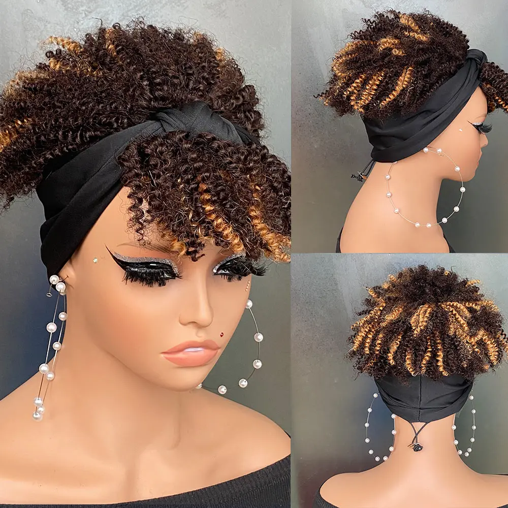 

Short P4/27 Remy Human Hair Afro Curly Wig Machine Made Headband for Women Natural Looking Wigs
