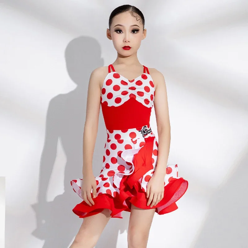 Abito da ballo latino estivo a pois rossi per ragazze senza maniche abbigliamento da ballo latino per bambini abiti da ballo professionali abito diviso