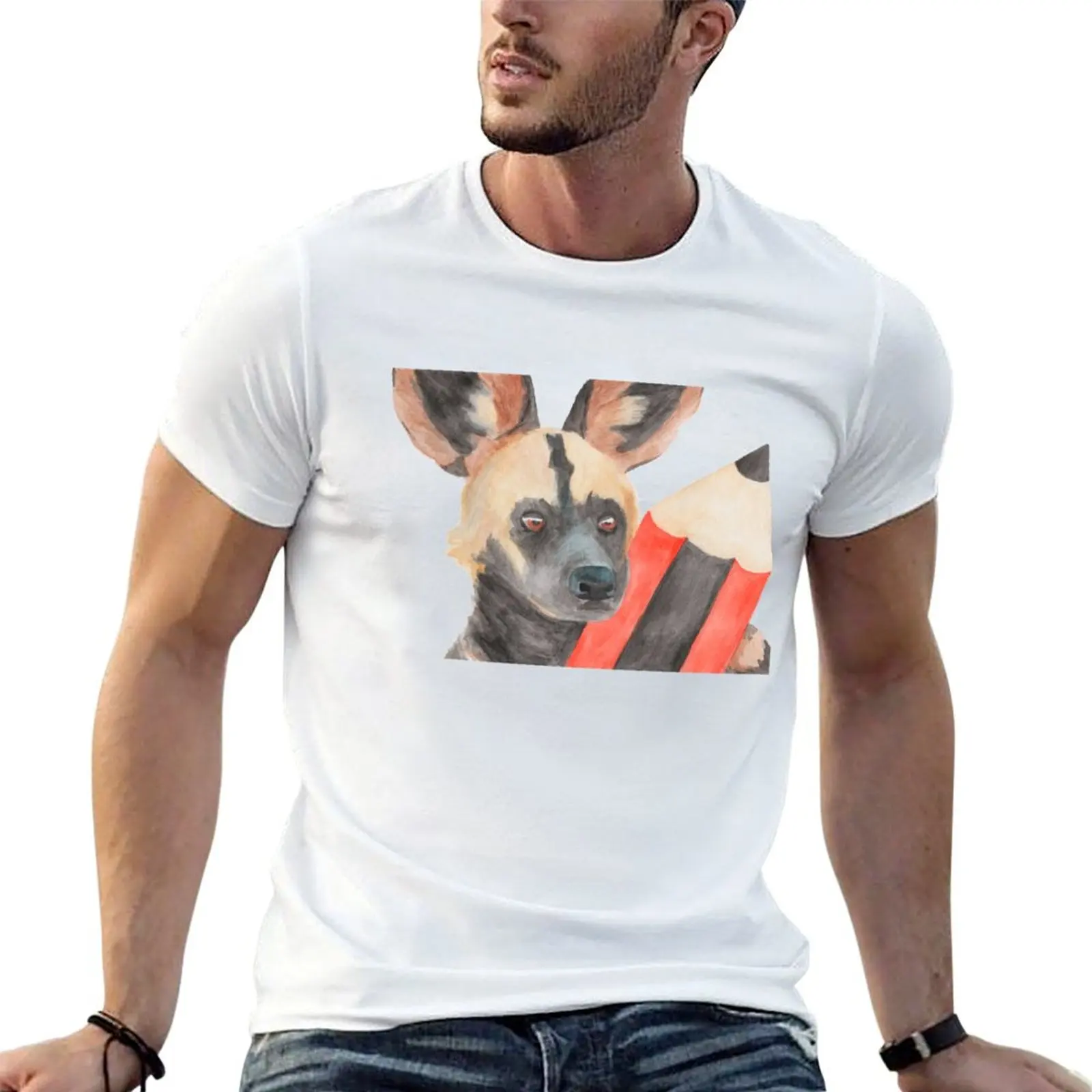 

Painted Dog with a Pencil - African Wild Dog - Watercolour Painting - Kathleen Stuart Art T-Shirt t shirt man luxury T-Shirt
