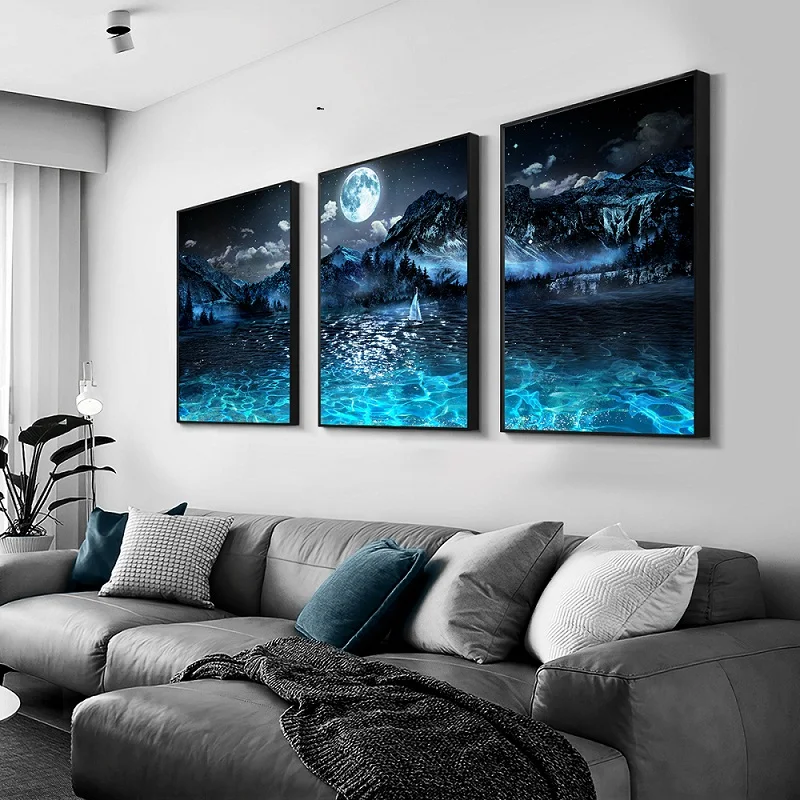 Modern Art Printing Canvas Painting Night Lake Sailing Picture Starry Sky Moon Natural Landscape Poster Home Wall Decoration