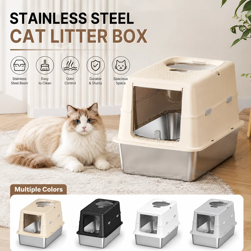 New Stainless Steel Cat Litter Box with Flip Cover Closed Design Easy to Clean Non-Slip Mat Indoor Cats Pet Supplies