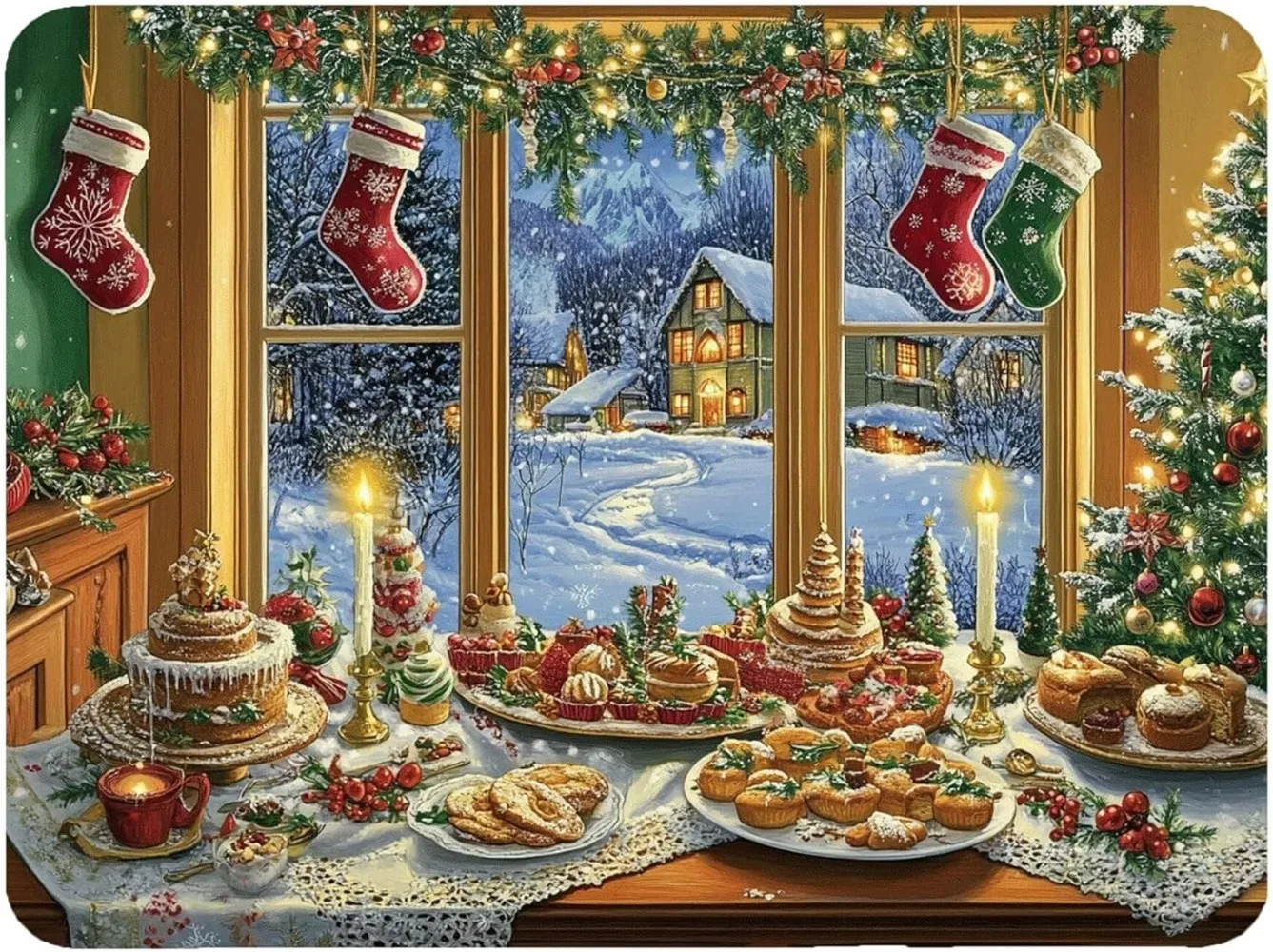 Christmas Food Window Scene Large Gaming Mouse Pad XL Winter Snow Town Desk Mat Extended Mousepad for Holiday Decor