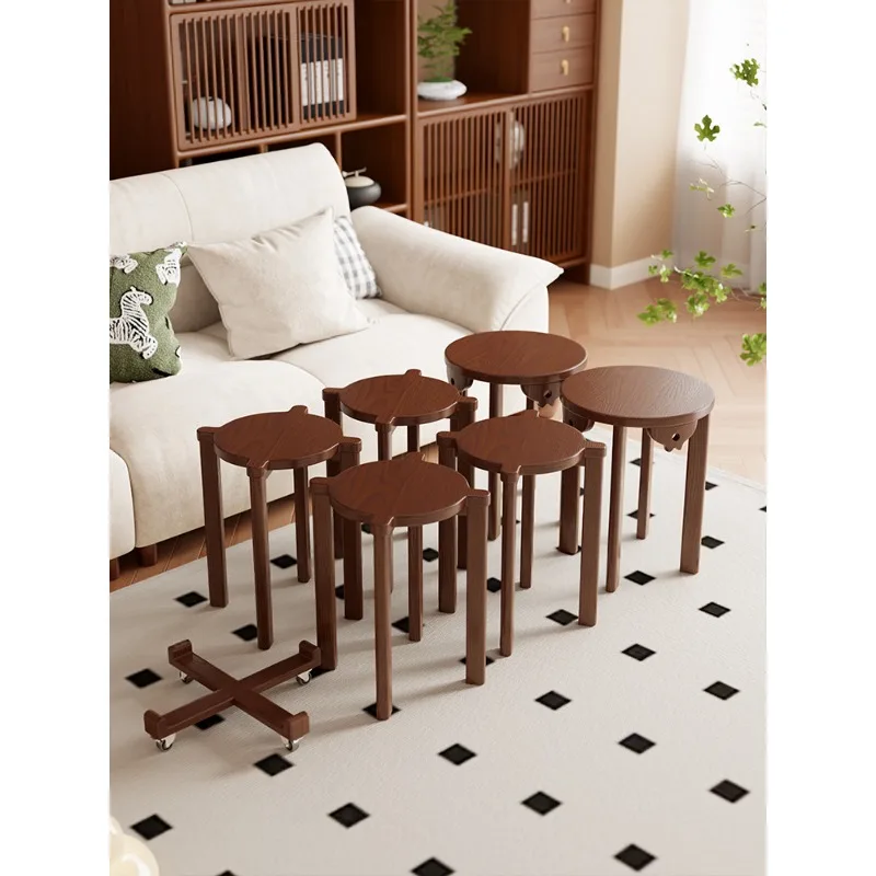 طاولة طعام مستديرة من الخشب الصلب، مقعد منزلي مكدس بستة في واحد، يمكن تكديس كرسي طعام احتياطي