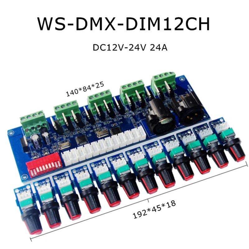 New 12CH LED DMX512 Decoder DC12V-24V 12 Channel 4 Groups DMX Decoder Dimmer DMX512 3P RJ45 Controller Manual Knob