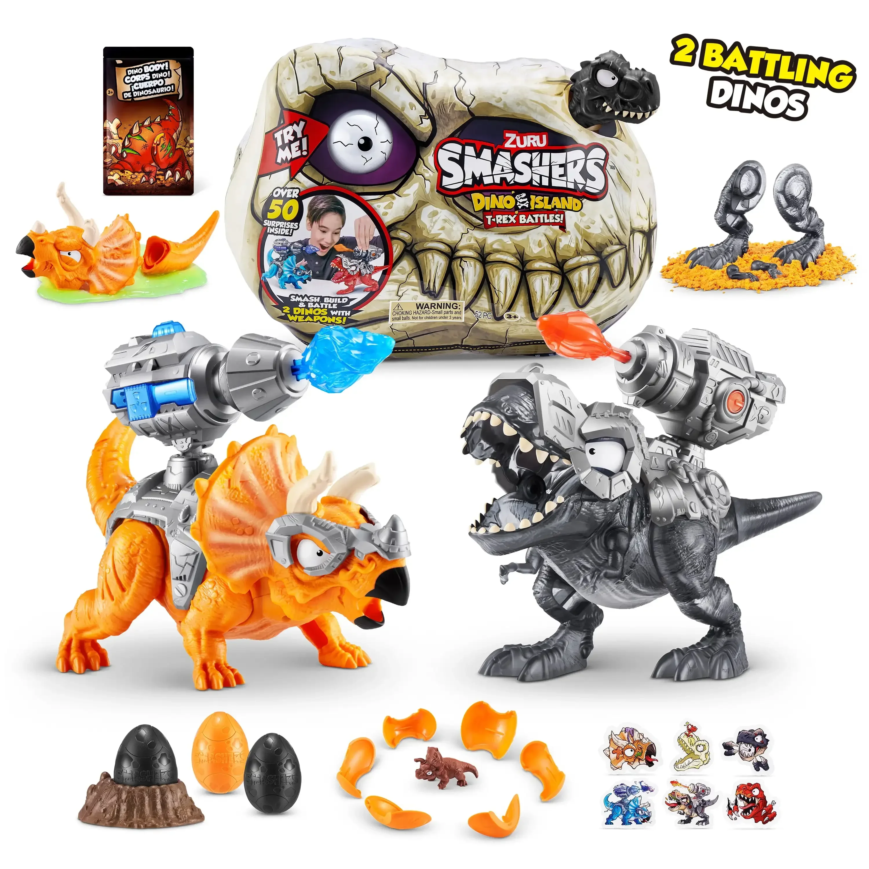 

ZURU Smashers Dino Island T-Rex Battles Playset 50+ Surprises Triceratops Dinosaur Battling Toys Collectible Surprise Skull Toys