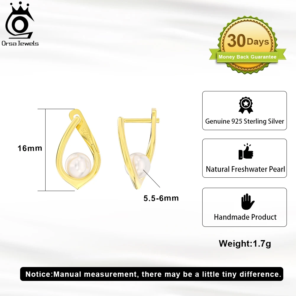 ORSA JEWELS Vintage 925 Sterling Silver Natural Pearl Earrings for Women Handpicked Round Pearl Ear Buckle Party Jewelry GPE68