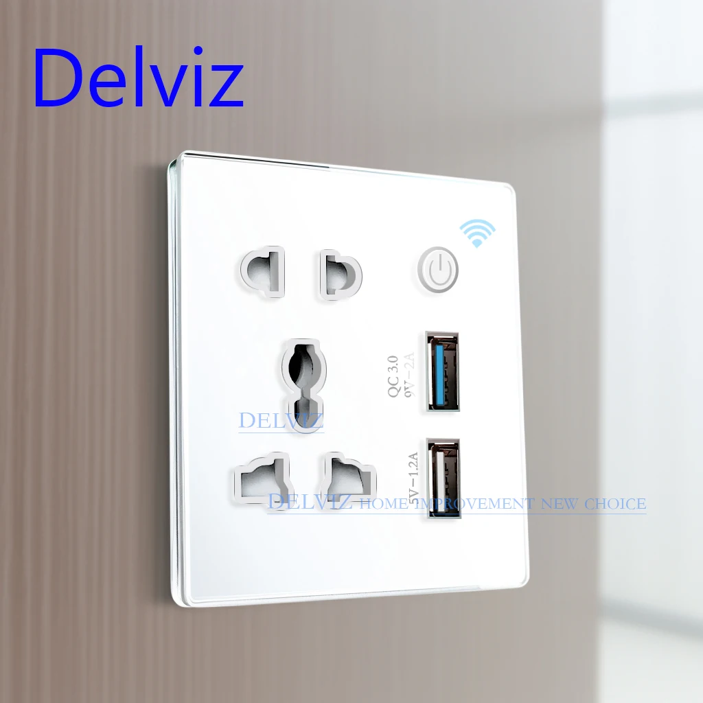 Delviz Tuya WIFI USB Outlet, Crystal glass panel, Fast charging, Remote Switch Control Google Alexa, Wall Universal Smart Socket