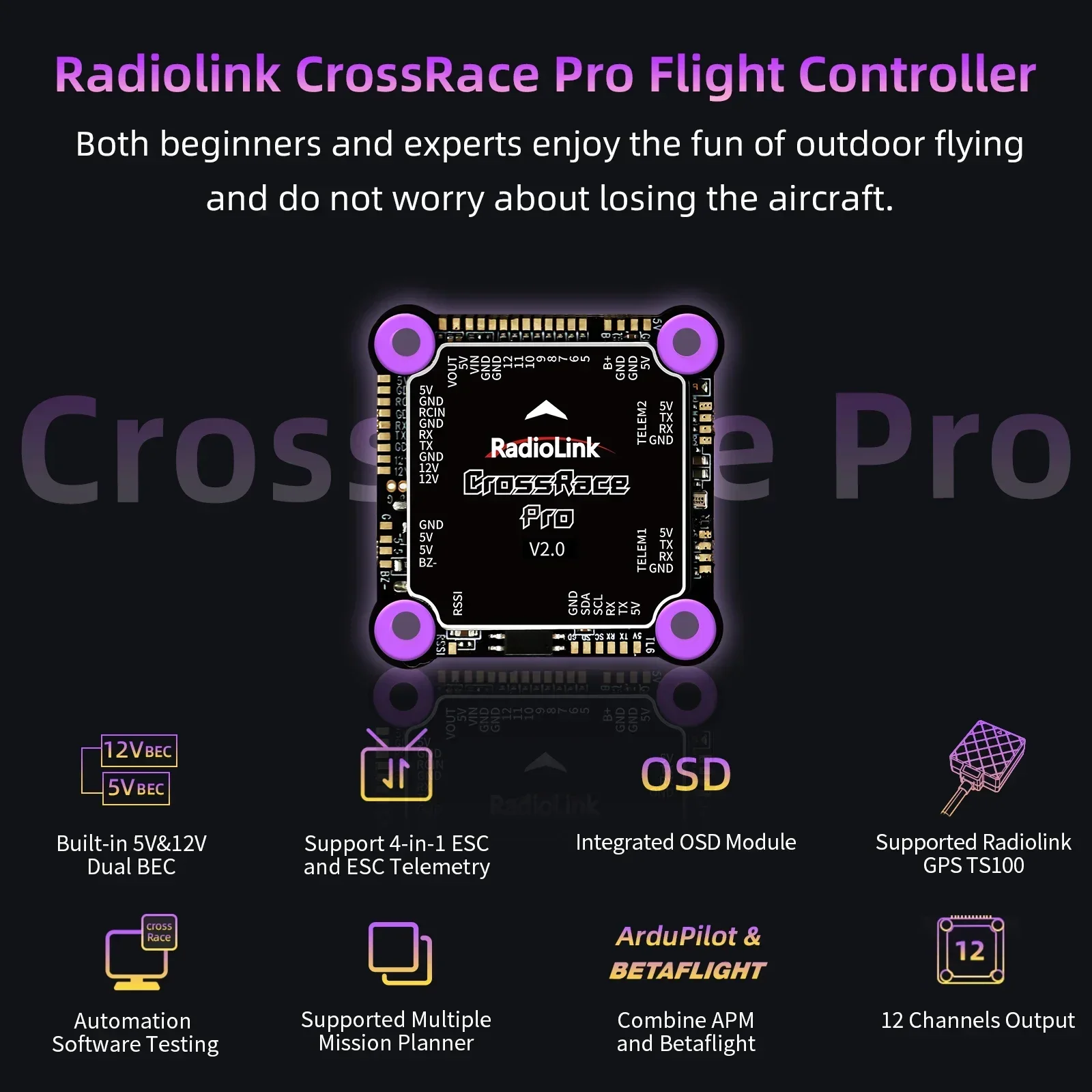 

Полетный контроллер Radiolink CrossRace Pro APM Betaflight с 12-канальным выходом, двойным BEC 5В/12В, интегрированным OSD для 2-8-осевых RC FPV дронов