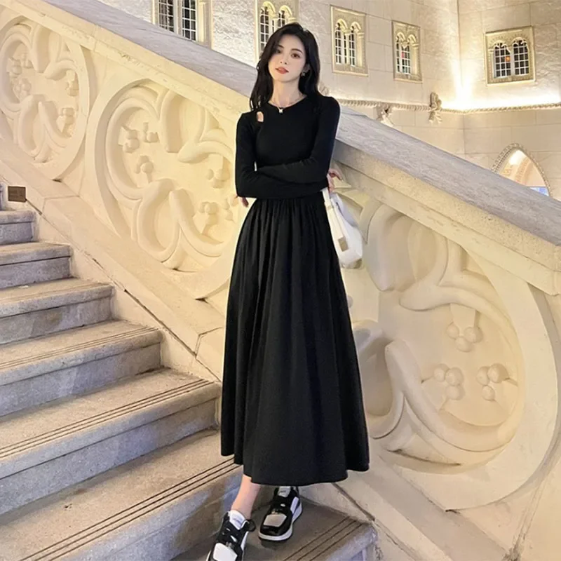 Fanan 2024 Neue Lange Hülse O-ansatz A-line Kleid Mode Streetwear Vestidos Dame Koreanischen Stil Aushöhlen Schwarz Lange Kleider Frauen