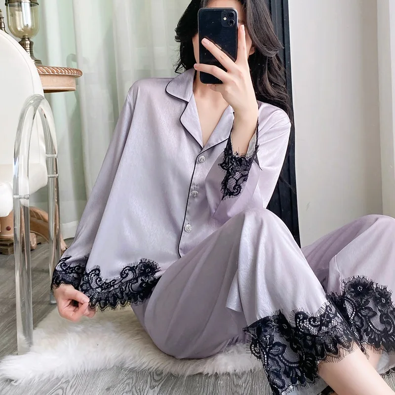 

Elegant Fashion Lace Splicing Women's Pajamas New Loose Lapel Single Breasted Long Sleeve Tops Pants Temperament Female 2Pcs Set