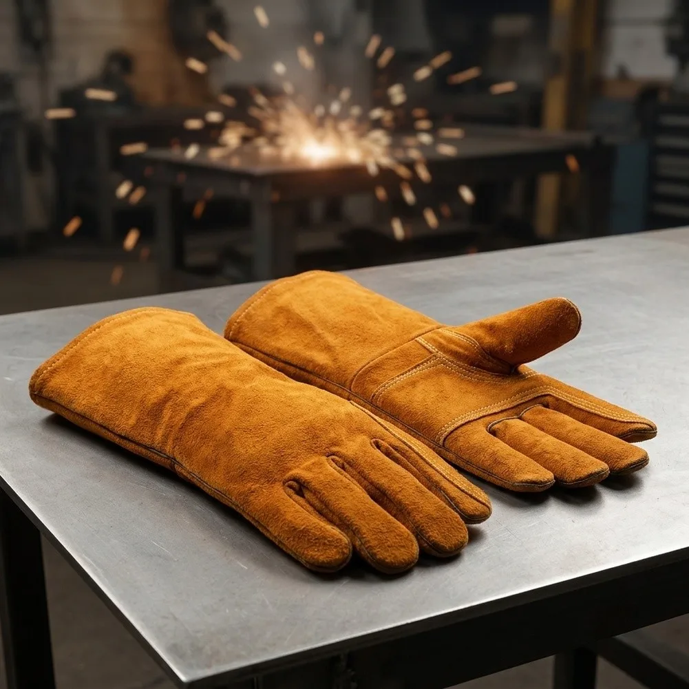 Industrial Welding Gloves for Men Cowhide Leather Heat Resistant Seamless Thickened Design for Long Lasting Performance