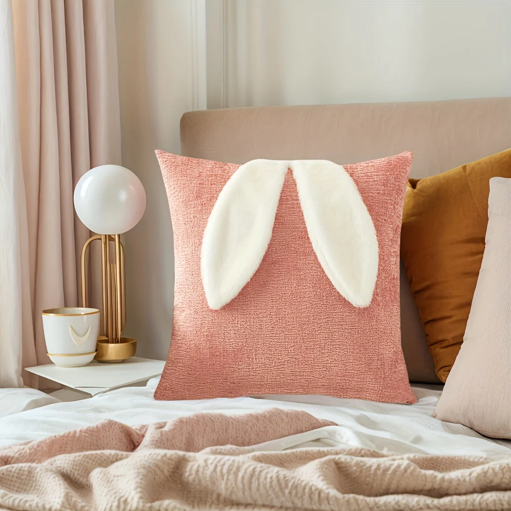 Extra long rabbit ear square pillow, ultra soft plush white/pink cushion, unique holiday gift and home decoration, polyester kni