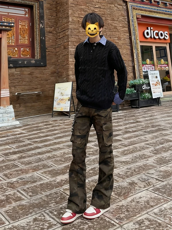 

American Vibe Camouflage Knife Straight Leg Jeans Men's Autumn CleanFit Workwear Pants Youthful Trendy Wear Resistant