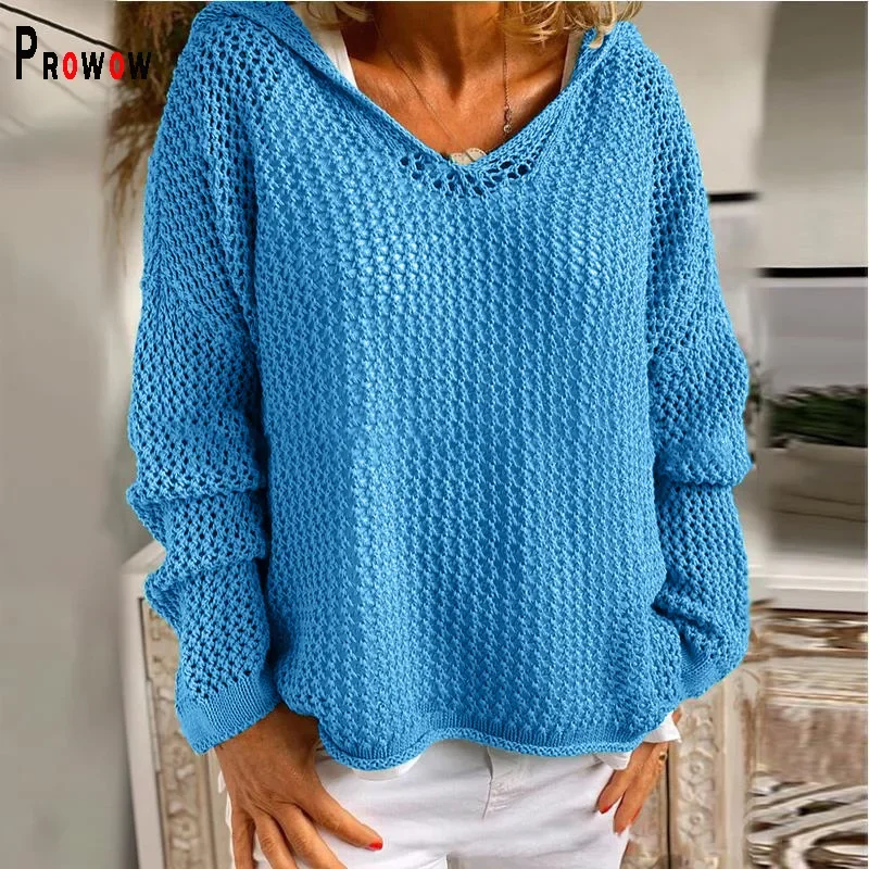 

Prowow Loose Style Crochet Hollow Women Sweater Solid Color Hooded Knitted Female Tops Clothes 2025 New Spring Summer Pullovers