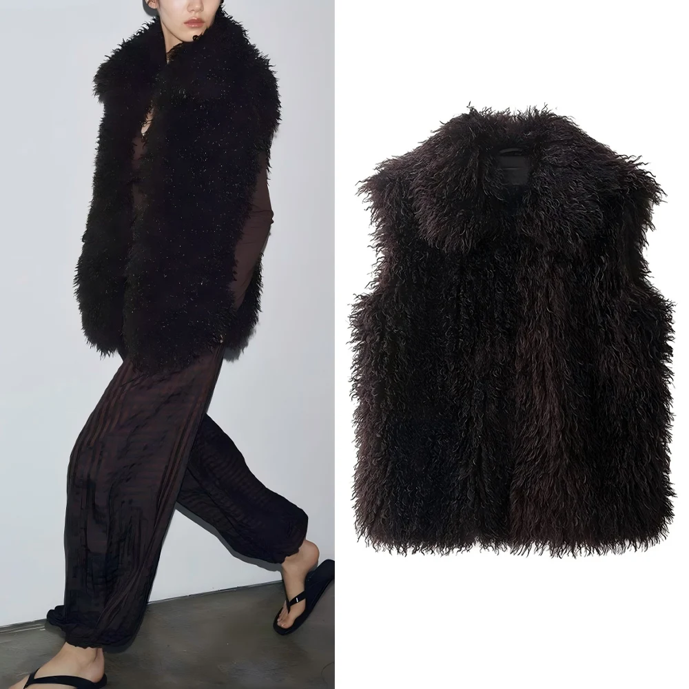 

Женский зимний новый модный теплый жилет с эффектом искусственного меха 2025 года, пальто в стиле ретро, женский жилет без рукавов, шикарный топ