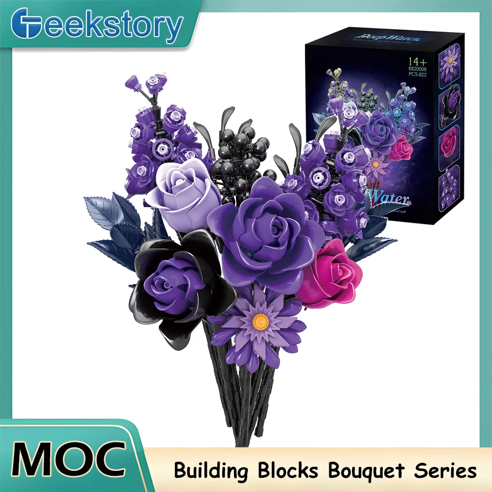 

822PCS Black Purple Flower Bouquet Gothic Romantic Creative Building Blocks Home Desk Plant Decoration Assemble Brick Toy Gift